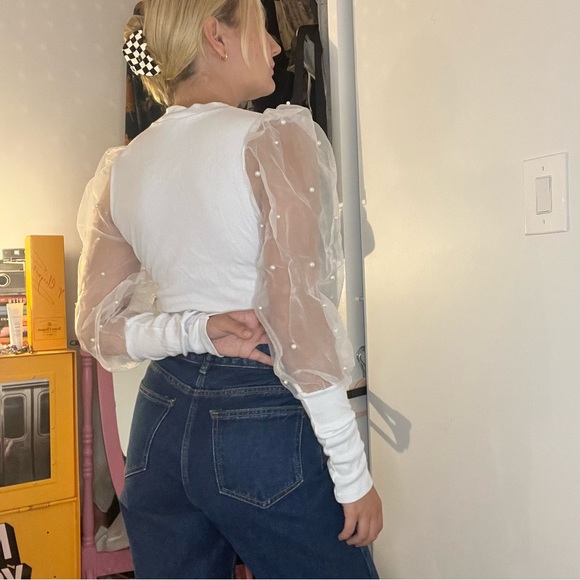 PRETTY LITTLE THING WHITE SHEER PEARL TOP - Picture 3 of 6